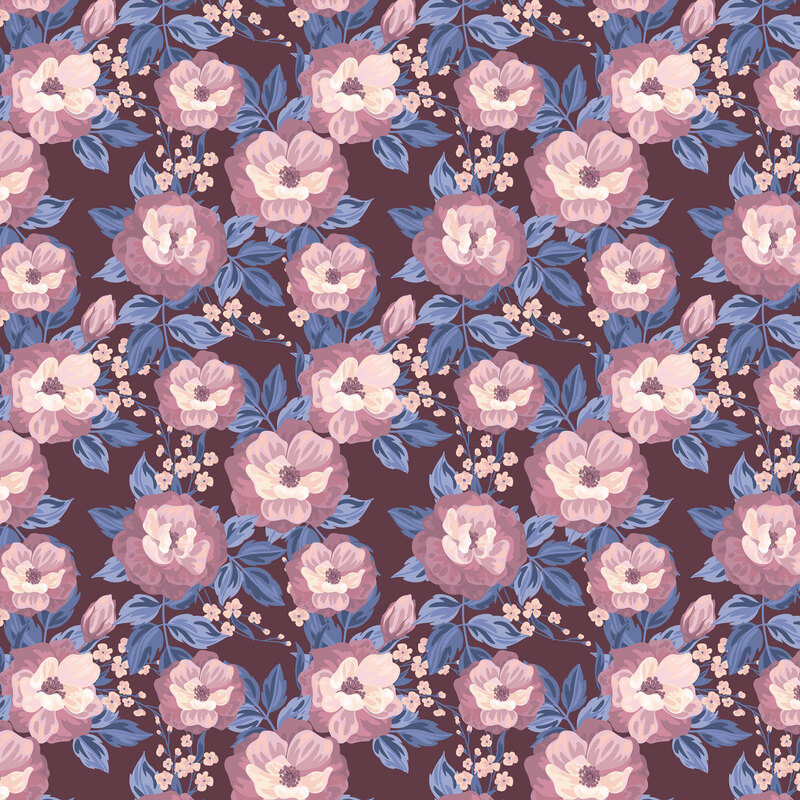 Burgundy fabric layered with overlapping pink and denim blue blossoms.