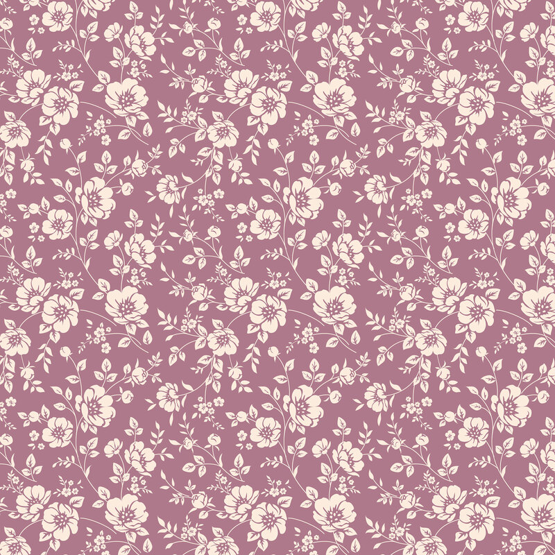 Mauve fabric layered with stylized cream vines with blooming florals.