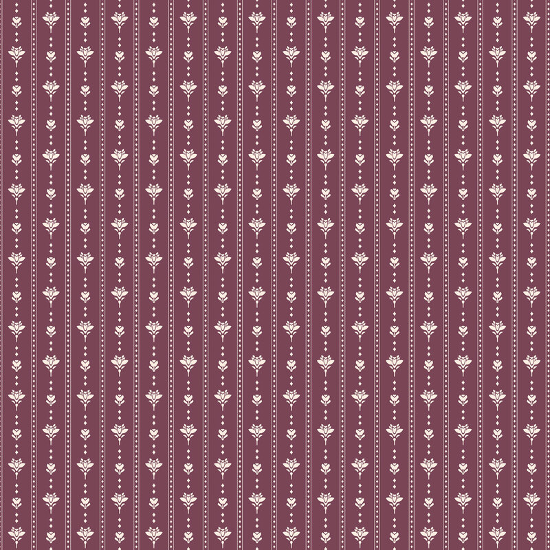 Burgundy fabric with a vintage cream striped floral pattern.