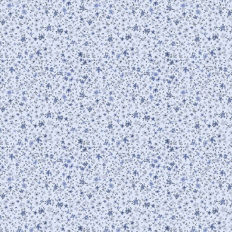 Faded blue tonal fabric with small calico florals strewn on top.