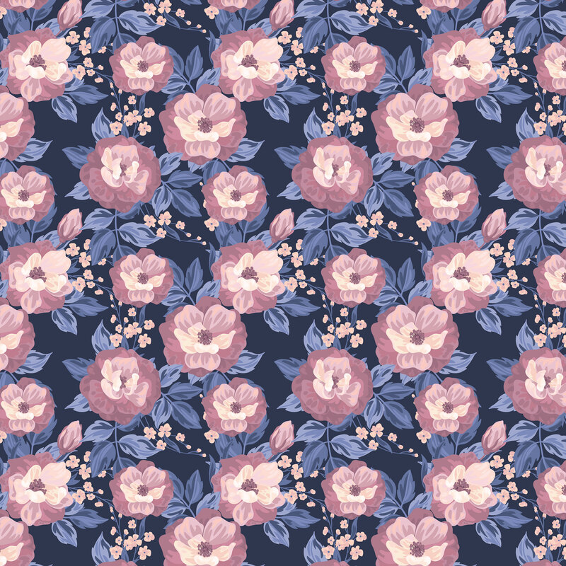 Navy fabric layered with overlapping pink and denim blue blossoms.