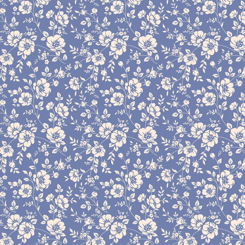 Periwinkle fabric layered with stylized cream vines with blooming florals.
