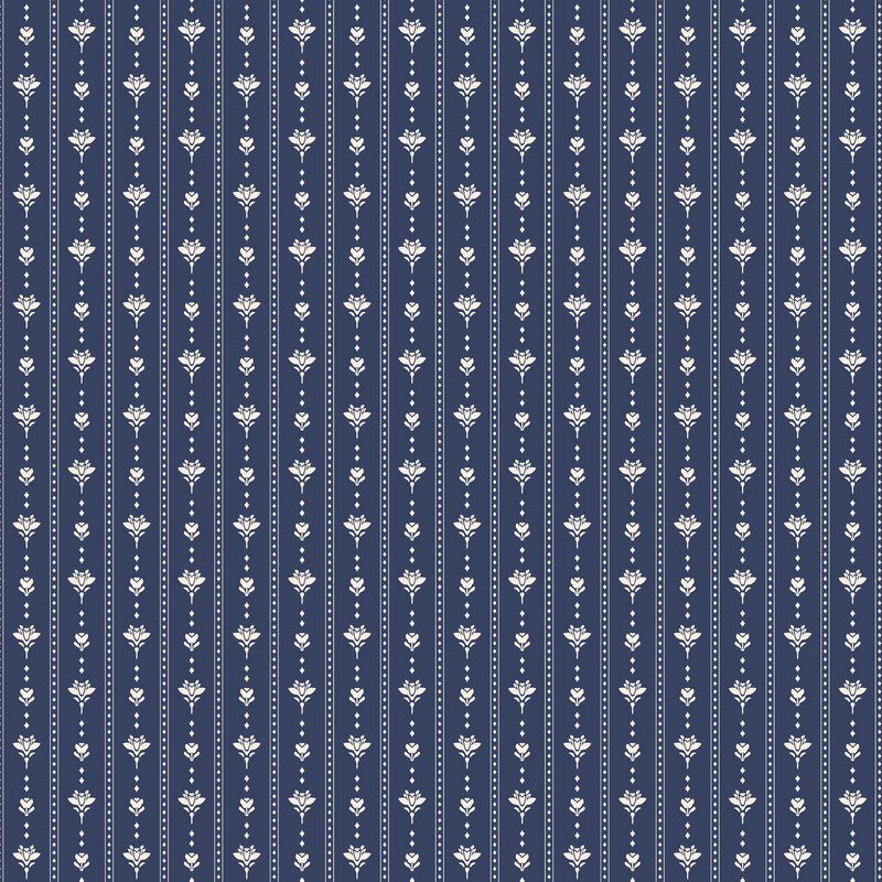 Navy fabric with a vintage cream striped floral pattern.