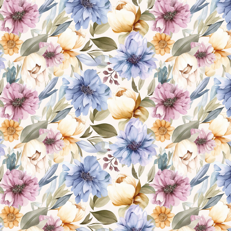 Cream fabric layered with a medley of packed florals.