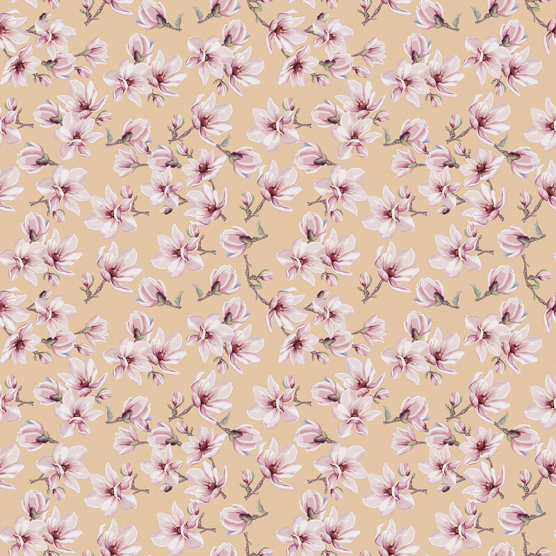 Flax fabric topped with sprigs of magnolias.