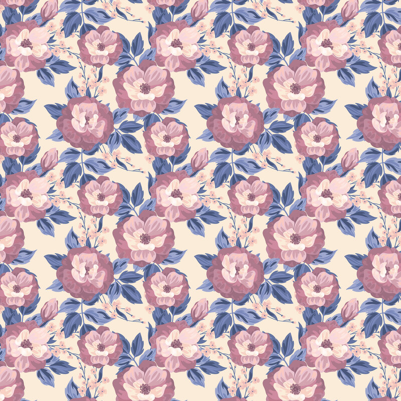 Cream fabric layered with overlapping pink and denim blue blossoms.