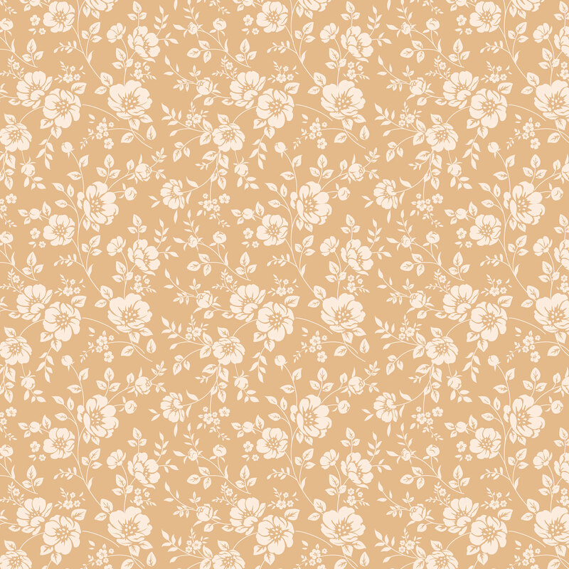 Flax fabric layered with stylized cream vines with blooming florals.