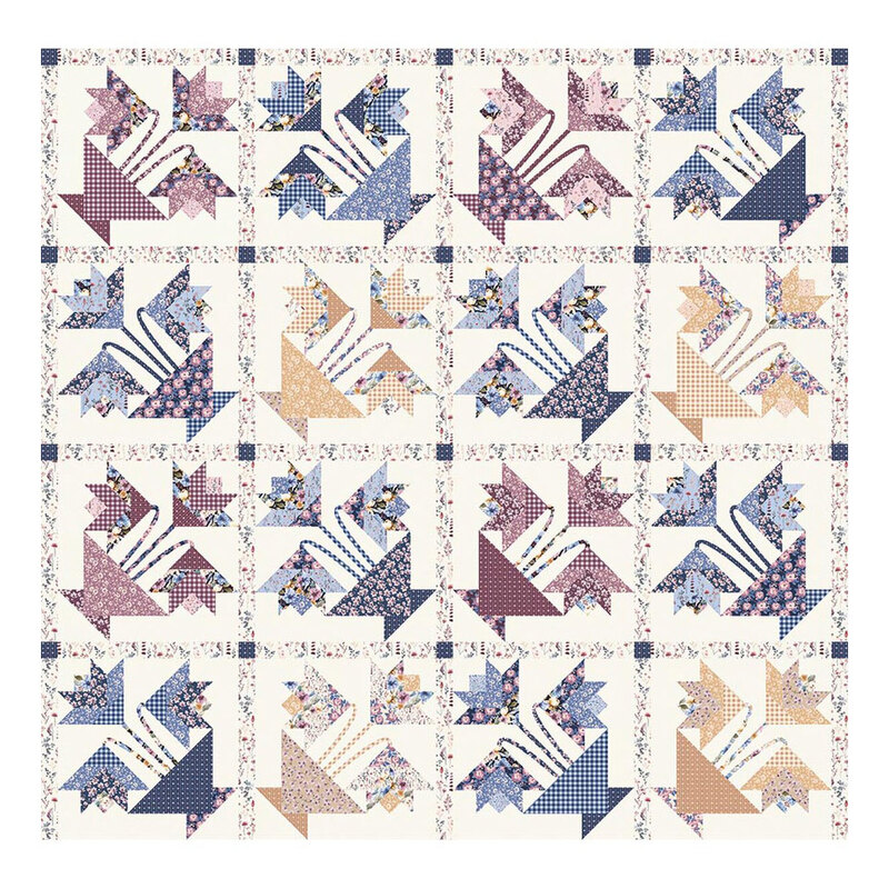 Cheater fabric with sangria, navy, and cream colored flowerpots inside of cream floral fabric borders.