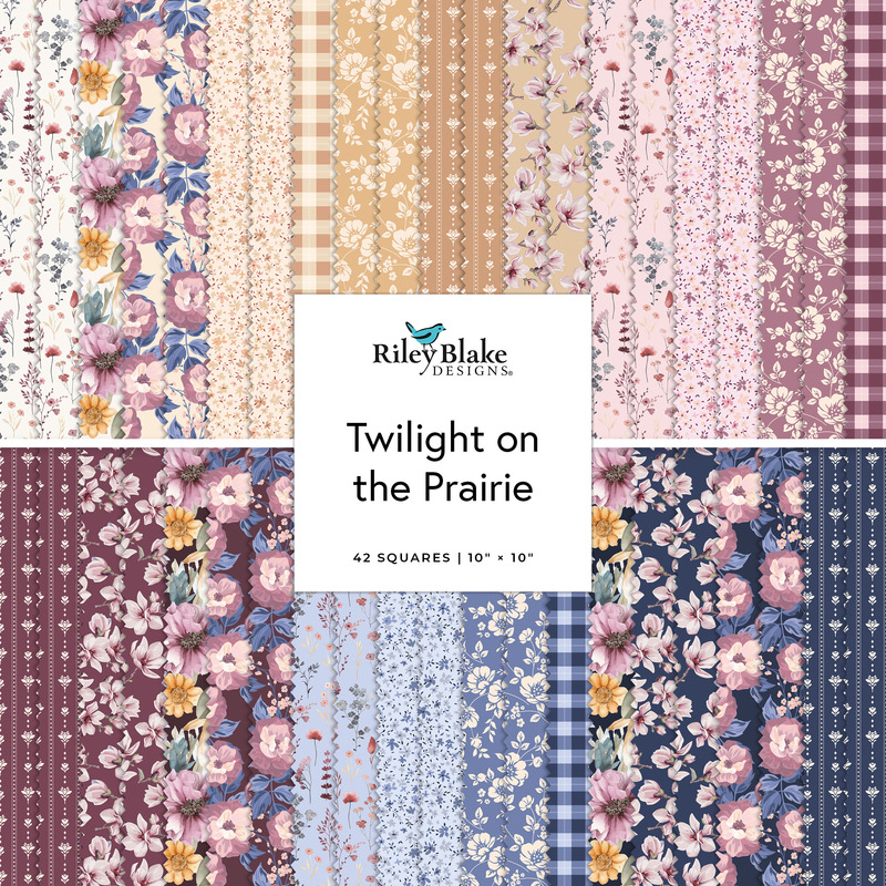 Collage of the 10" Square Bundle from the Twilight on the Prairie fabric collection.