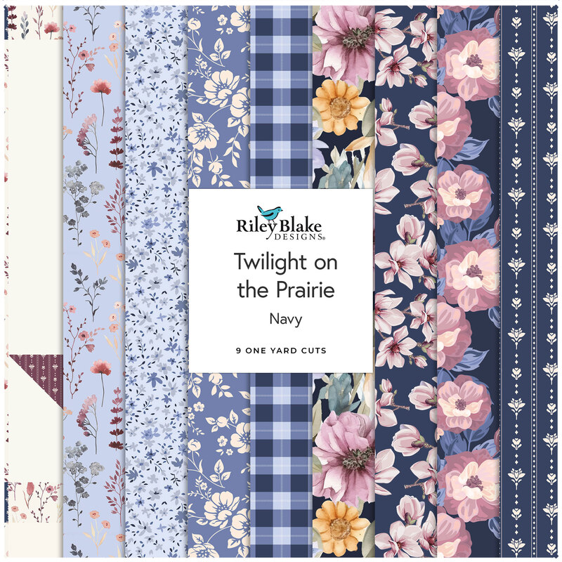Collage of the Navy One Yard Bundle from the Twilight on the Prairie fabric collection.