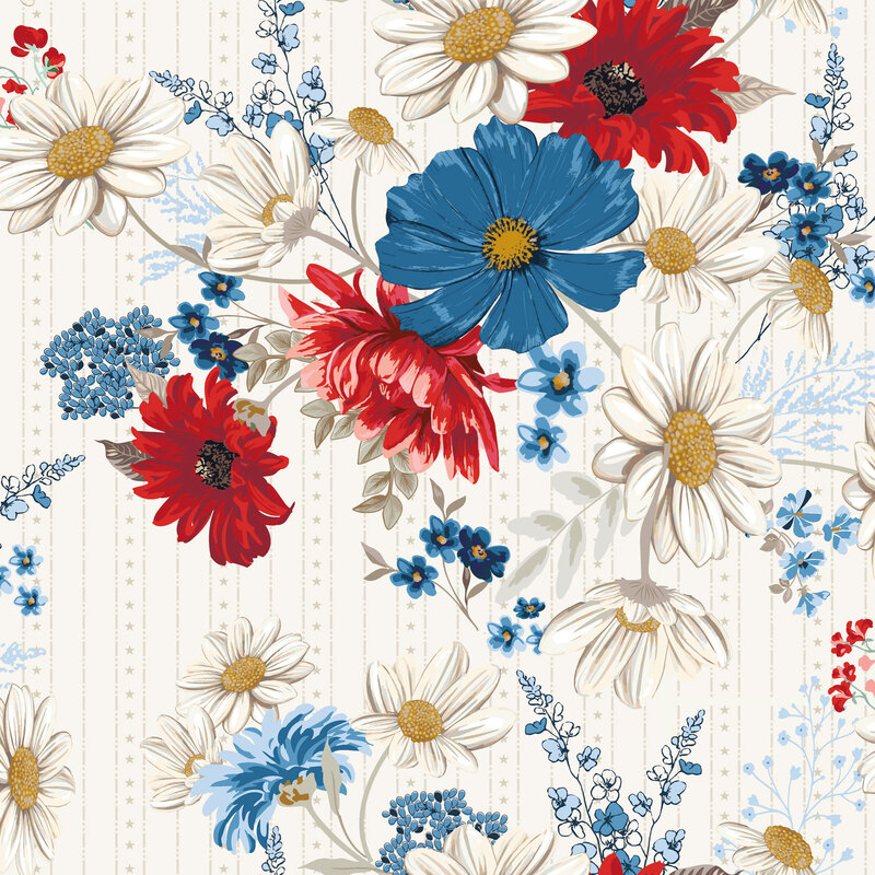 Red, white, and blue florals strung across a striped cream fabric.