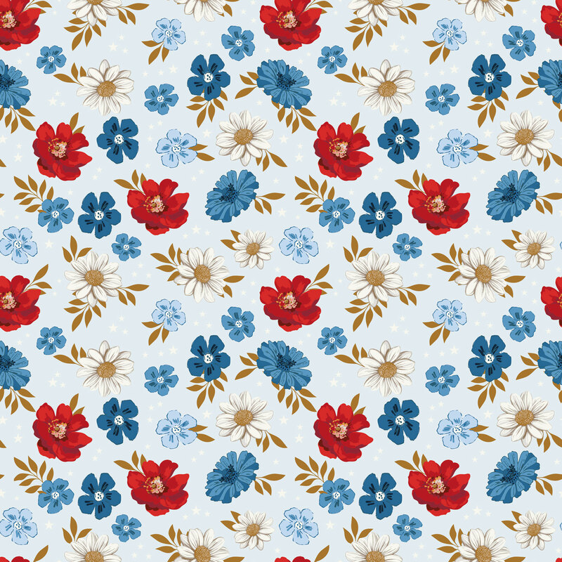 Light blue fabric with tossed red, white, and blue florals and white stars.