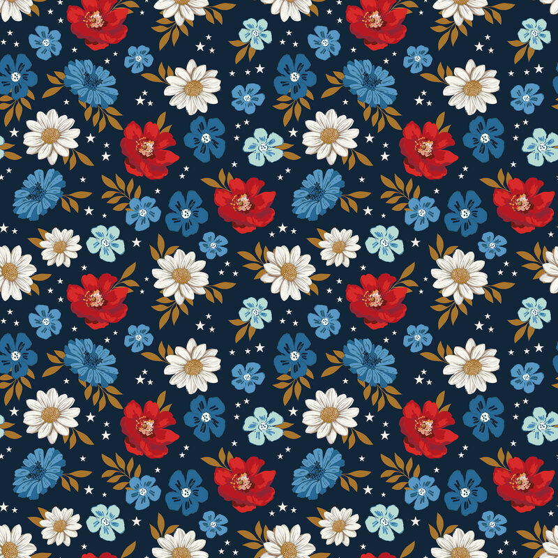 Navy fabric with tossed red, white, and blue florals and white stars.