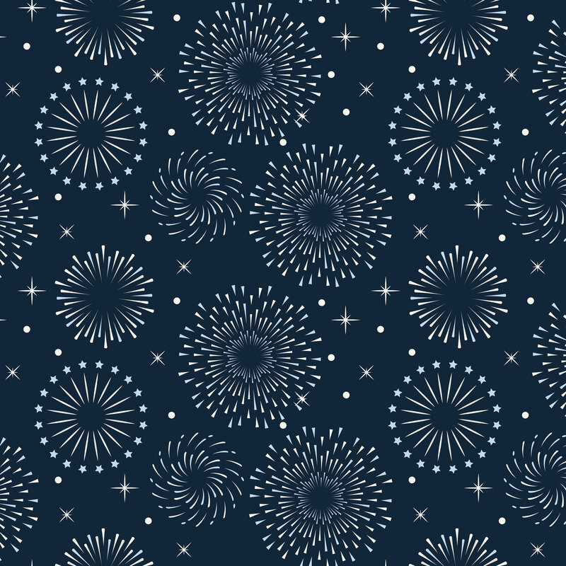 Navy fabric with bursts of white firework motifs and stars.