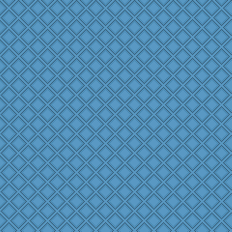 Blue fabric with biased grid of navy dotted squares.