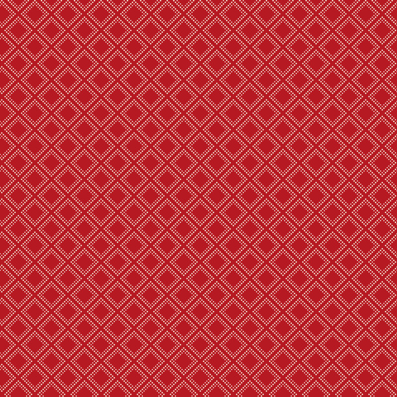 Red fabric with biased grid of white dotted squares.
