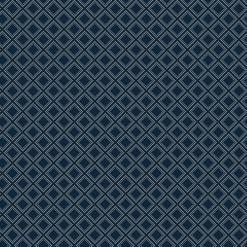 Navy fabric with biased grid of white dotted squares.