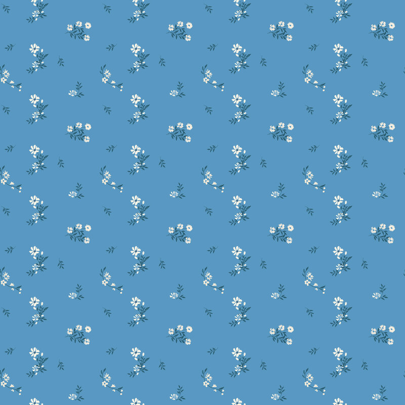 Blue fabric with ditsy tossed pattern of teal and cream florals.