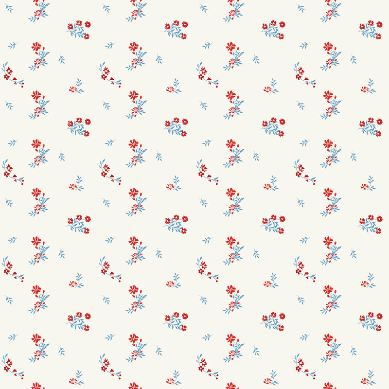 Cream fabric with ditsy tossed pattern of red and blue florals.