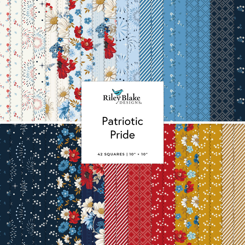 Collage of the 10" Square Bundle from the Patriotic Pride fabric collection.