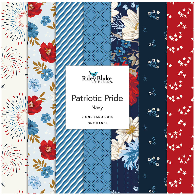 Collage of the Navy One Yard Bundle from the Patriotic Pride fabric collection.