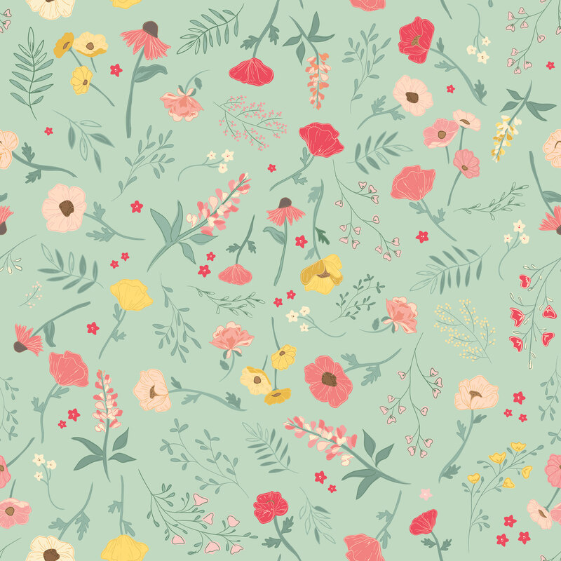 Sage fabric tossed with a medley of botanicals and yellow and pink-scale florals.