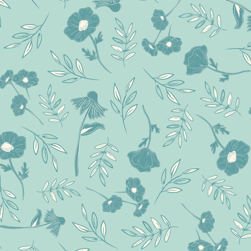 Soft aqua fabric tossed with teal and cream florals and leaves.