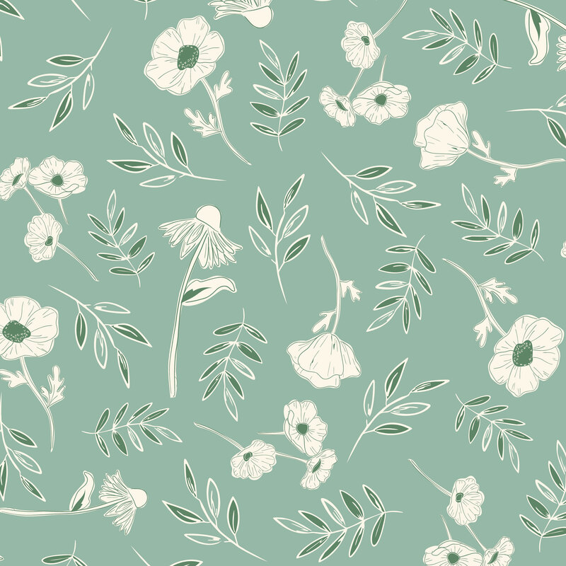 Pistachio fabric tossed with dark green and cream florals and leaves.