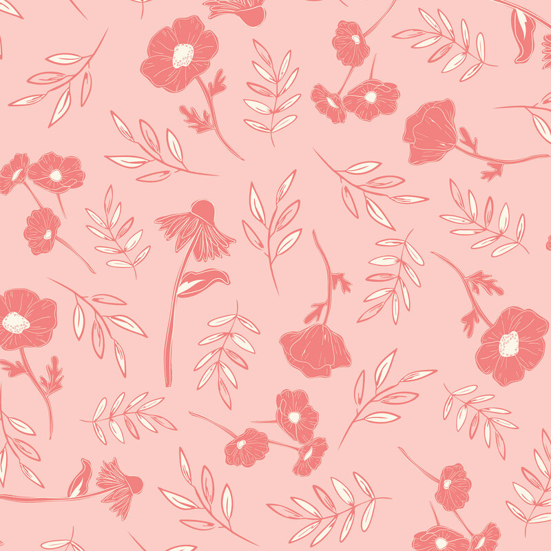 Soft pink fabric tossed with dark pink and cream florals and leaves.