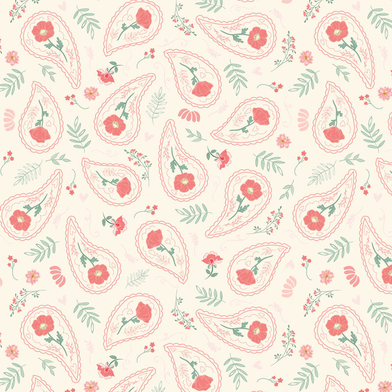 Soft cream fabric with a tossed pattern of paisley motifs filled with florals, leaves, and assorted flowers.