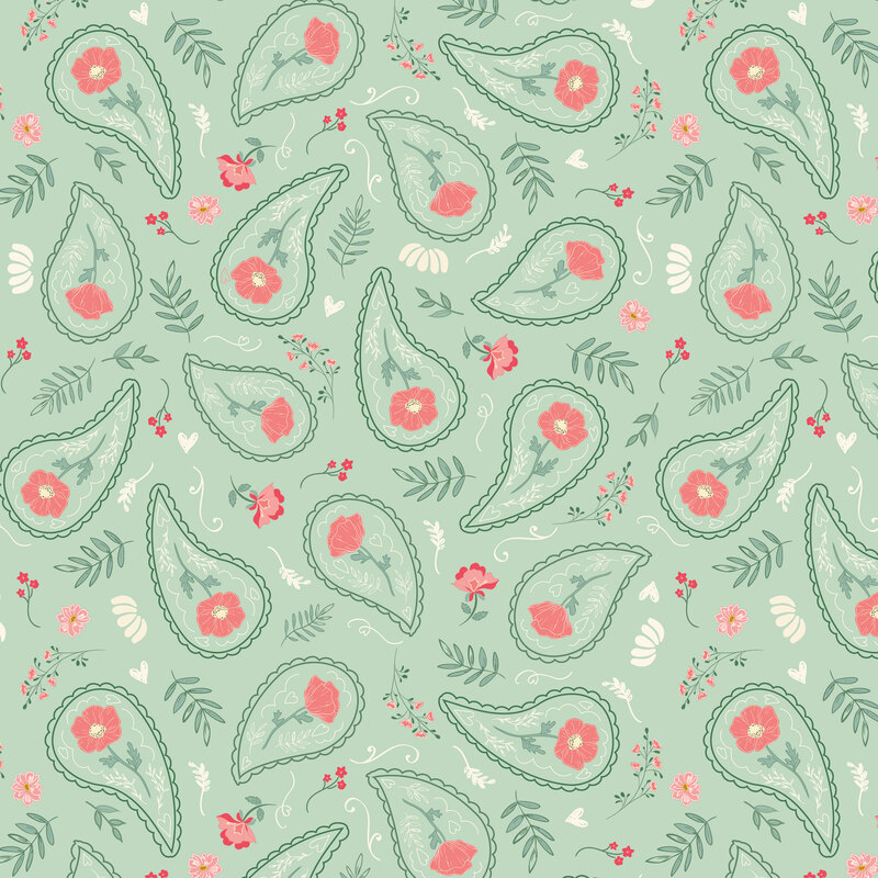 Soft sage fabric with a tossed pattern of paisley motifs filled with florals, leaves, and assorted flowers.