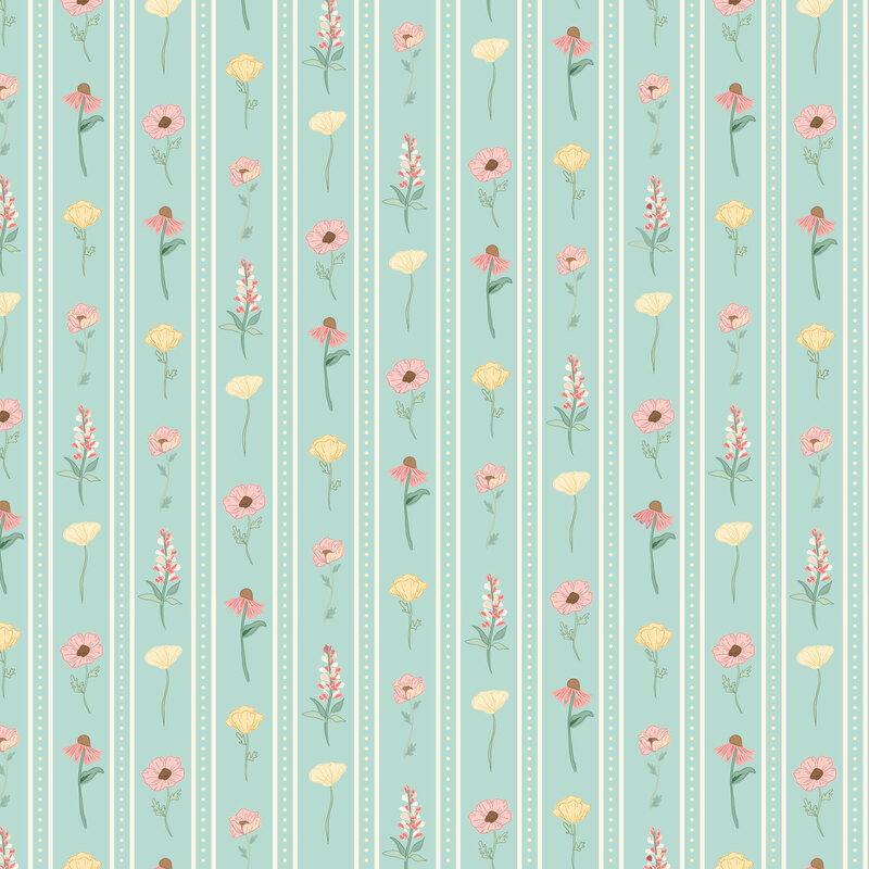 Soft aqua fabric with solid and dotted vertical stripes separating florals.