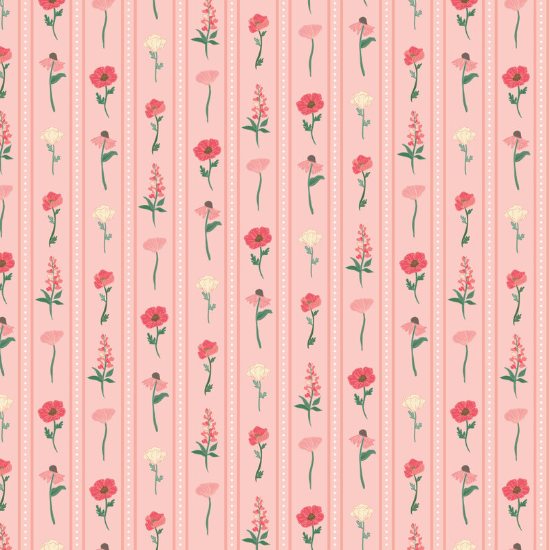 Soft pink fabric with solid and dotted vertical stripes separating florals.