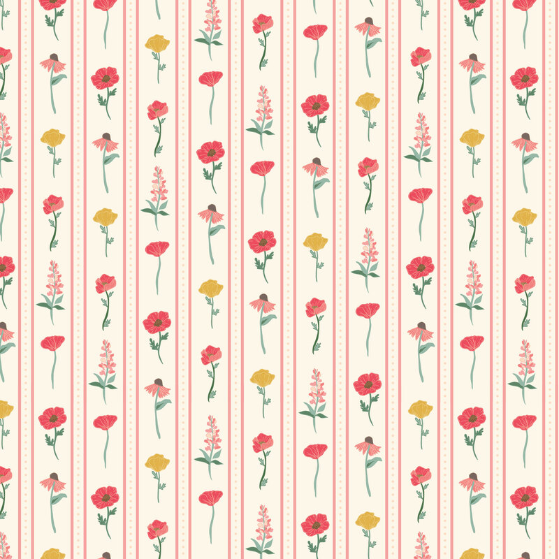 Soft cream fabric with solid and dotted vertical stripes separating florals.
