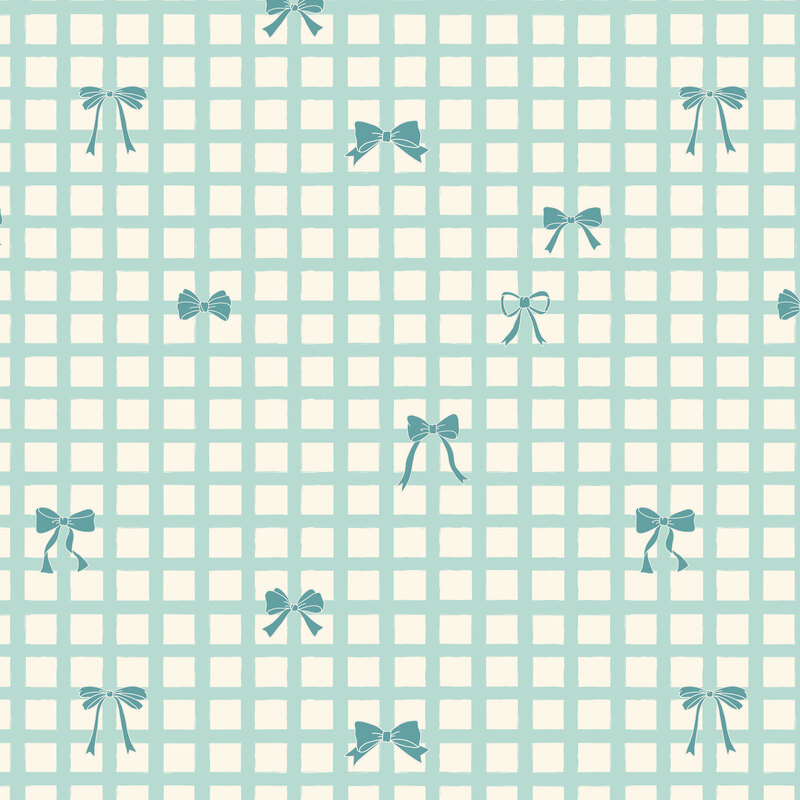 Off-white fabric with soft aqua grid tied with dark teal bows.