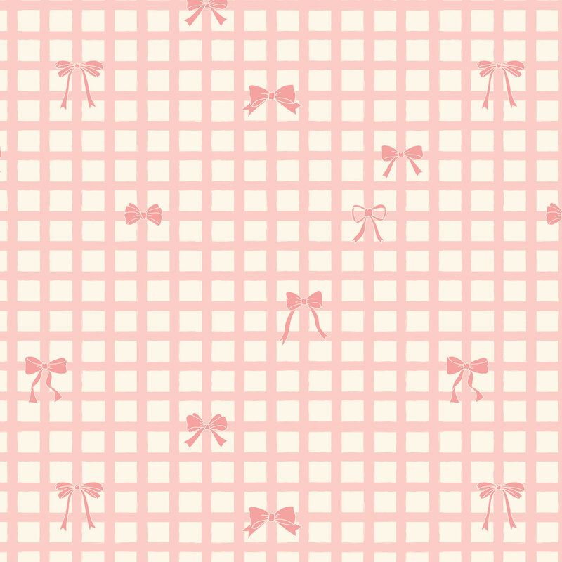 Off-white fabric with soft pink grid tied with salmon-toned bows.