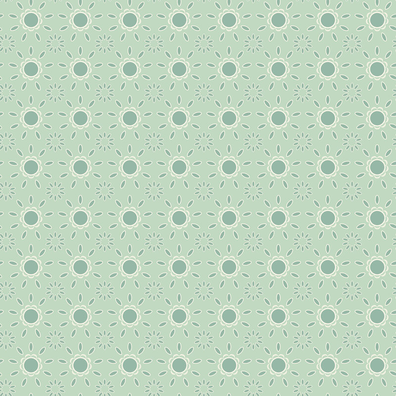 Soft sage fabric topped with stylized cream and xanadu green blooming florals and petals.