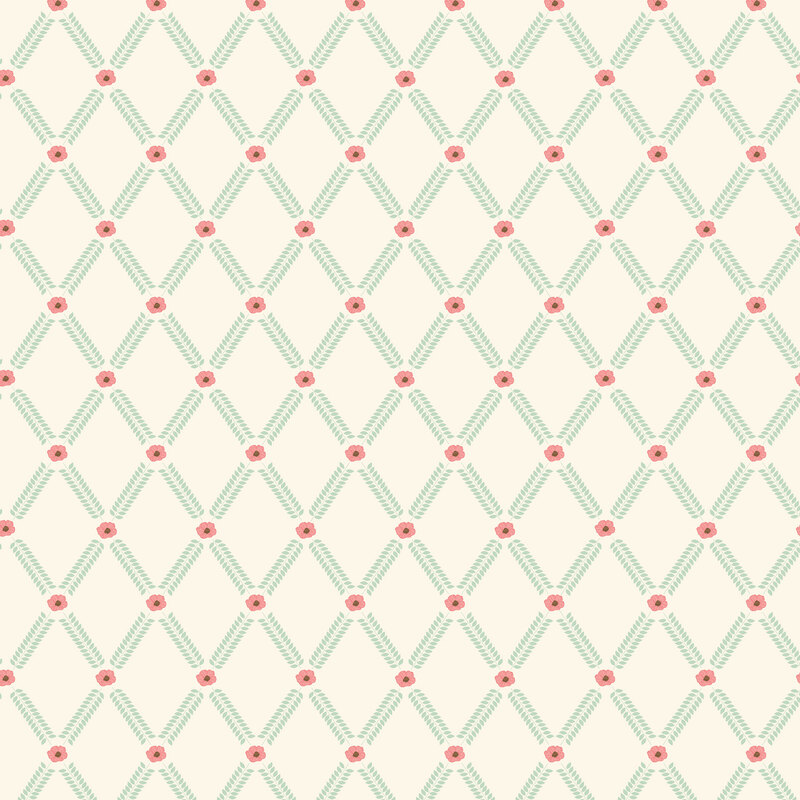 Cream fabric with a floral lattice design with lines of sage flower petals spaced by pink blooms.