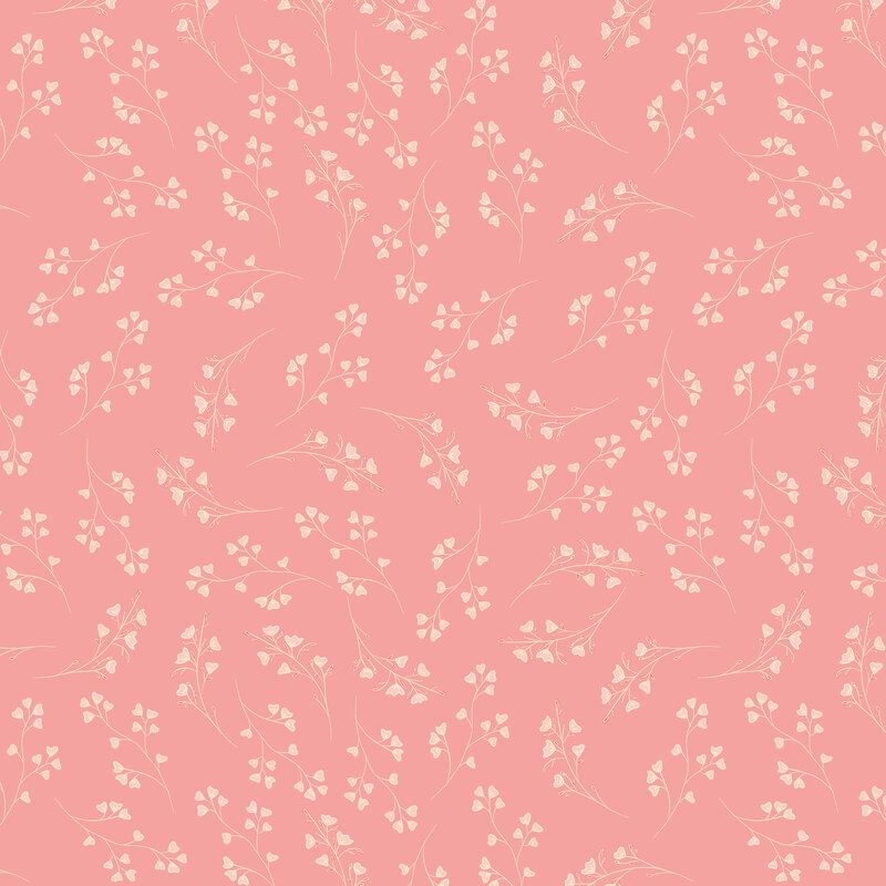 Soft pink fabric with tossed sprigs of pastel pink floral hearts.