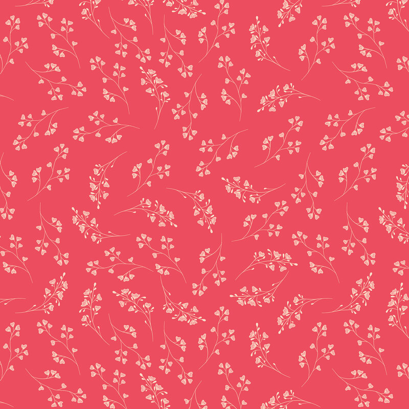 Hot pink fabric with tossed sprigs of light pink floral hearts.