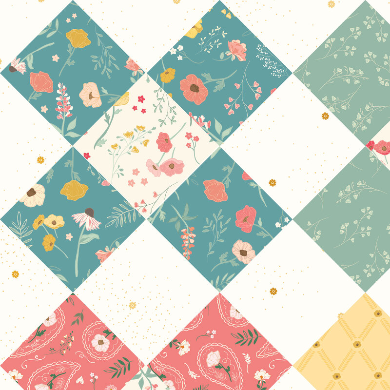 Cream cheater fabric with sage, teal, pink, and yellow floral blocks in a biased checker design.