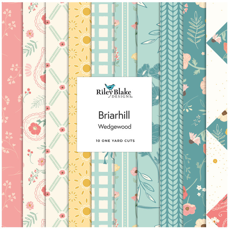 Collage of the Wedgewood One-Yard Bundle from the Briarhill fabric collection.