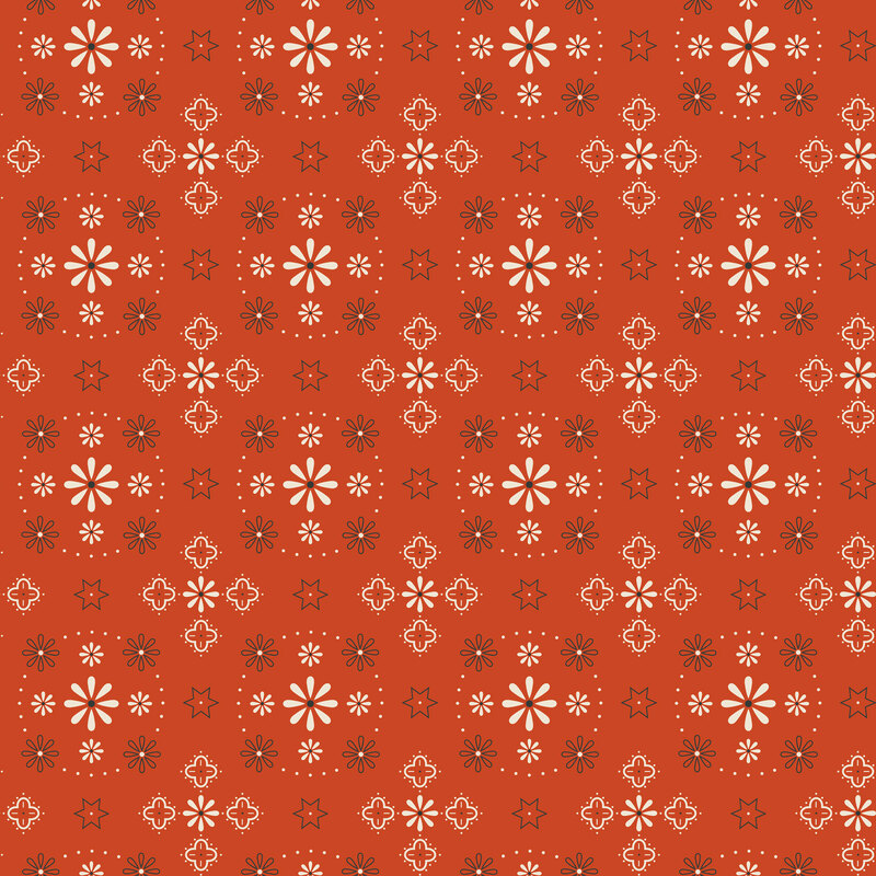 Rusty orange fabric with a bandana design with florals, medallions, dots, and stars.