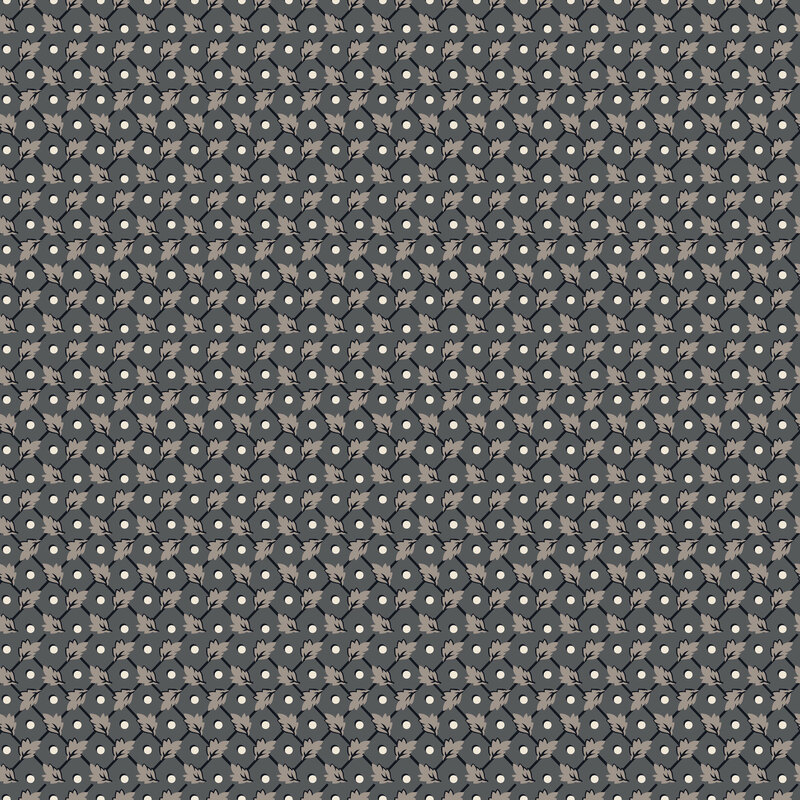 Dark gray fabric with white dots inside of a black floral lattice pattern.