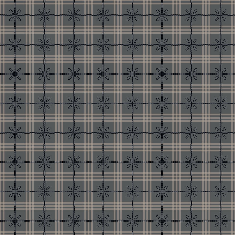 Slate gray and mouse gray plaid fabric with stylized leaf designs.