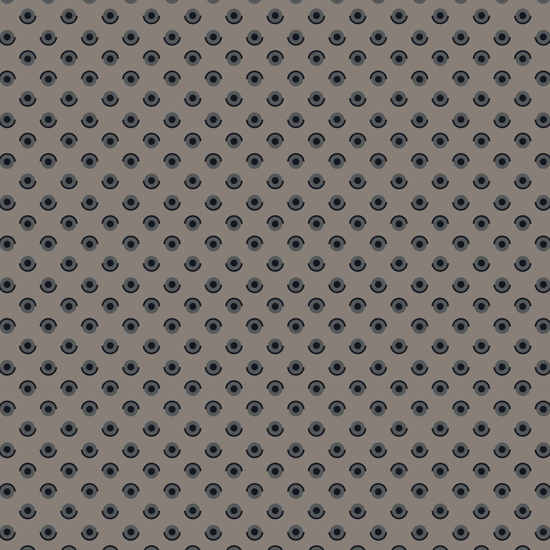 Mouse gray fabric topped with staggered grid of stylized circles and dots.