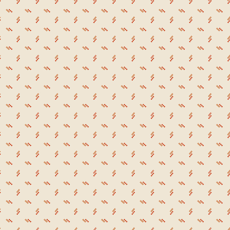 Cream fabric topped with small mirrored bunches of orange lines and squares.