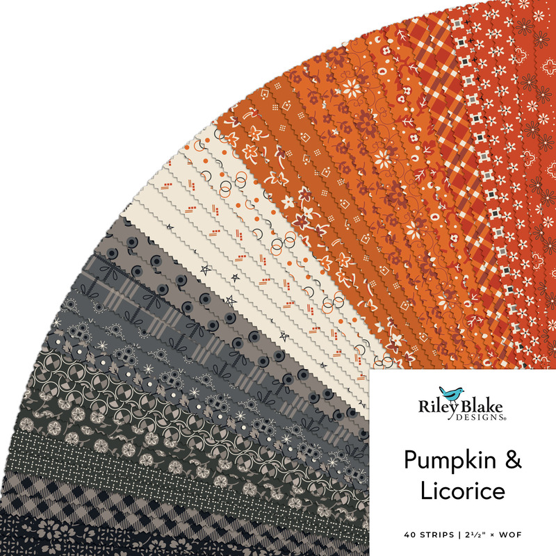 Collage of the 2.5" Strip Roll Bundle from the Pumpkin & Licorice fabric collection.