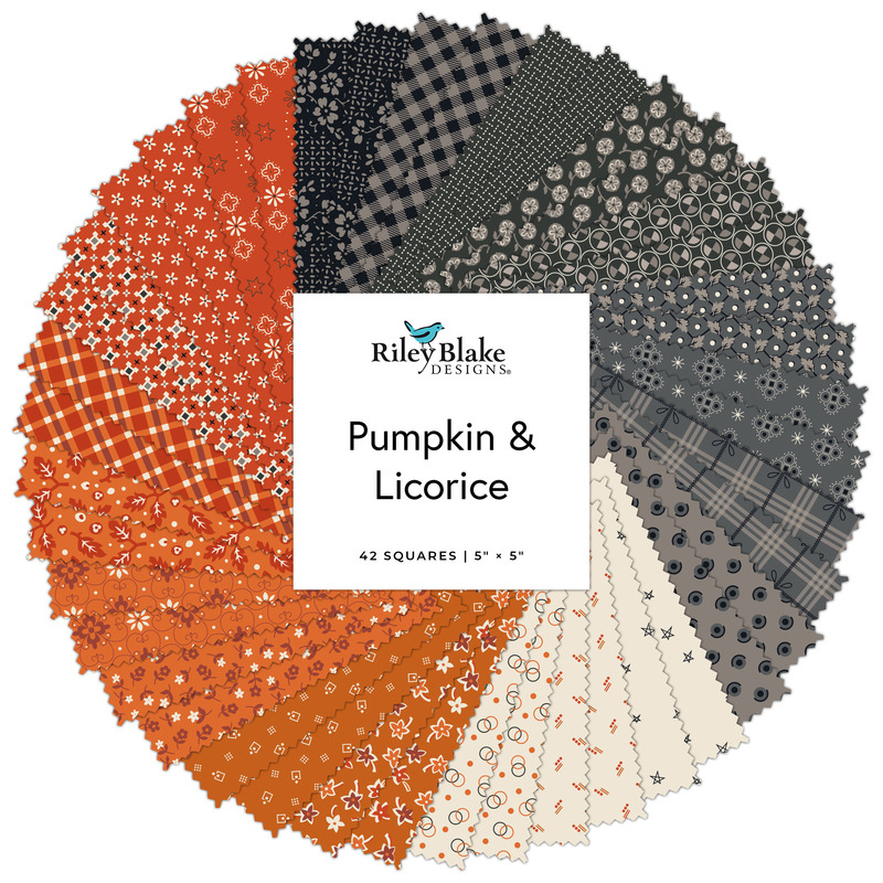Collage of the 5" Square Bundle from the Pumpkin & Licorice fabric collection.