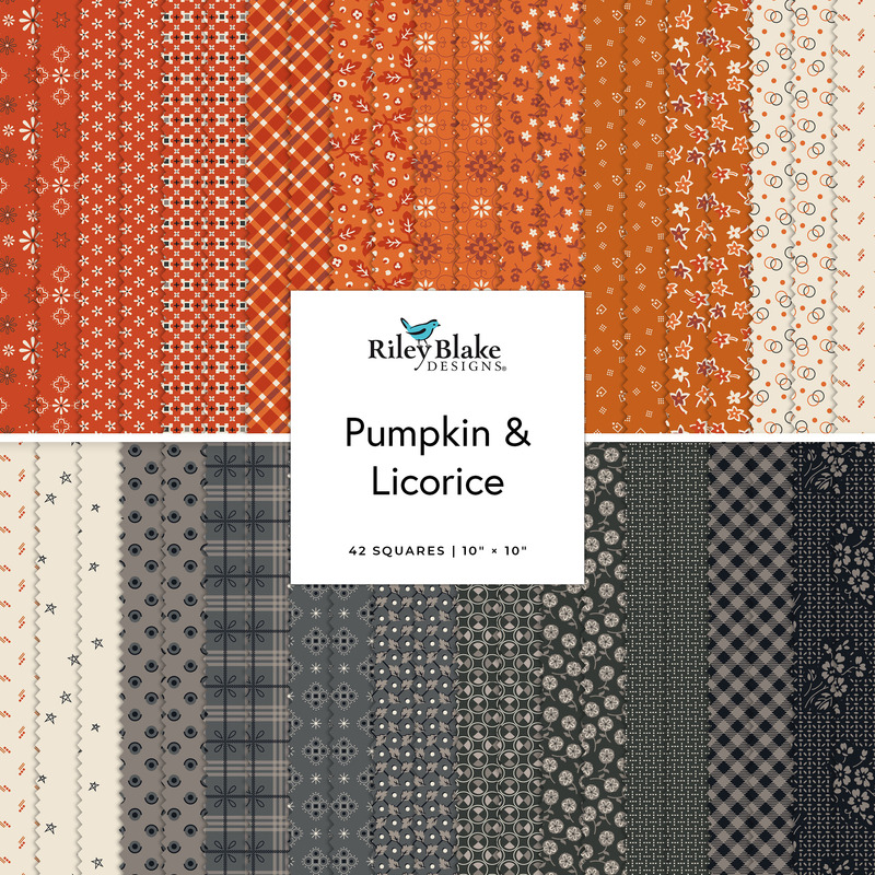 Collage of the 10" Square Bundle from the Pumpkin & Licorice fabric collection.